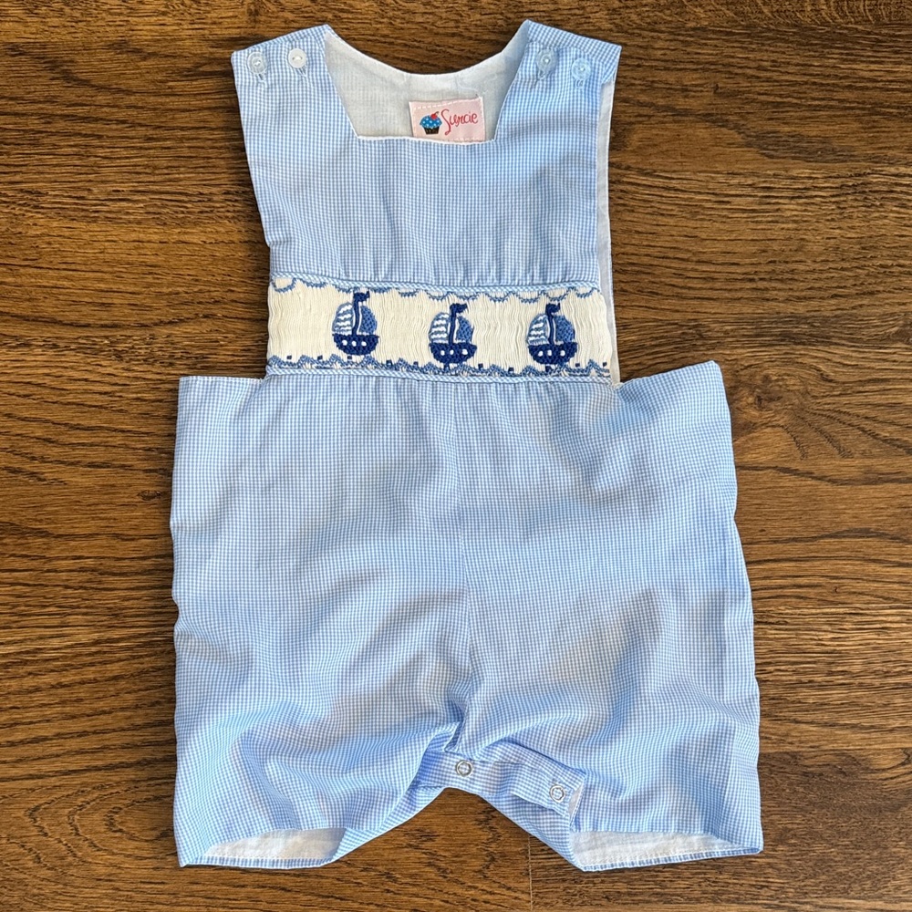 Boys Smocked Sail Boat Blue Gingham Embroidered Romper